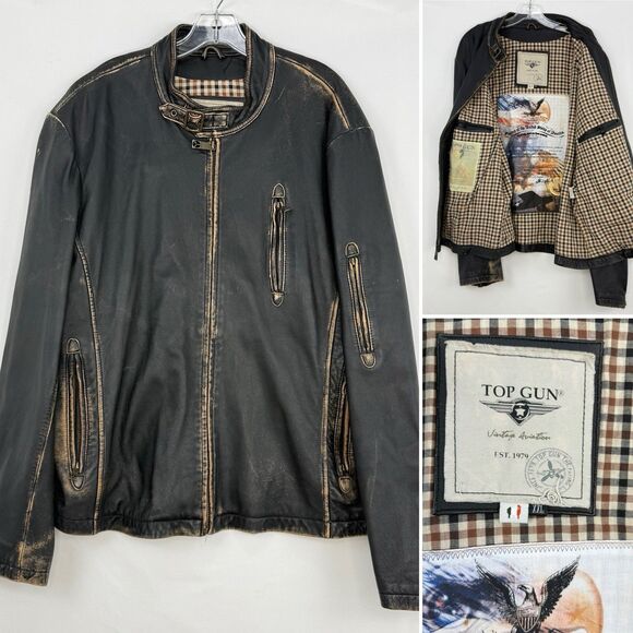 Top Gun Leather Jacket Mens XXL Distressed Moto Aviator Vintage Aviation - Picture 3 of 16